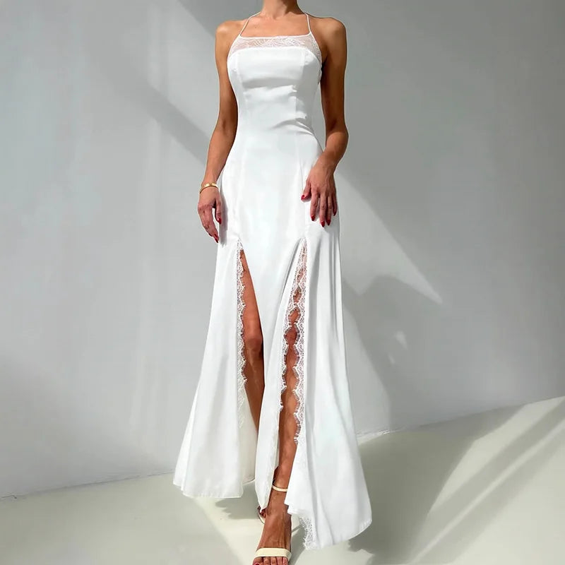Glorol - Sleeveless Printed Lace Slit Maxi Dress
