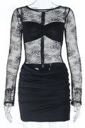 Glorol - Lace Hollow-Out Slim Backless Pleated Mini Dress