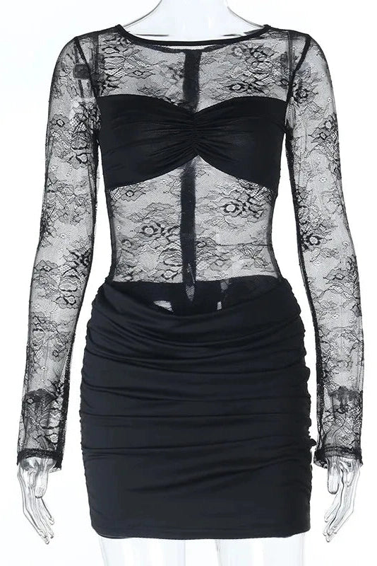 Glorol - Lace Hollow-Out Slim Backless Pleated Mini Dress