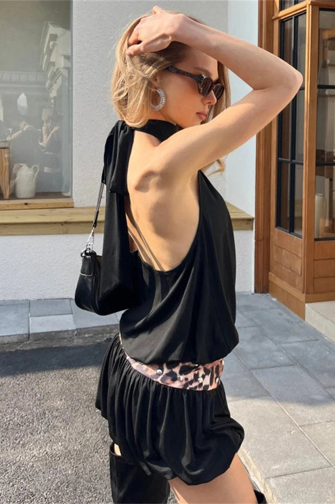 Glorol - Backless High Waist Off-Shoulder Patchwork Mini Dress