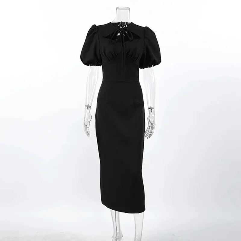 Glorol - Elegant Hollow Out Lace-Up Patchwork Maxi Dress