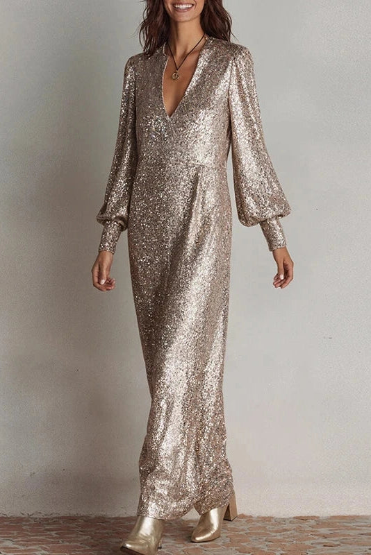 Glorol - Elegant Long Sleeve V Neck Maxi Dress