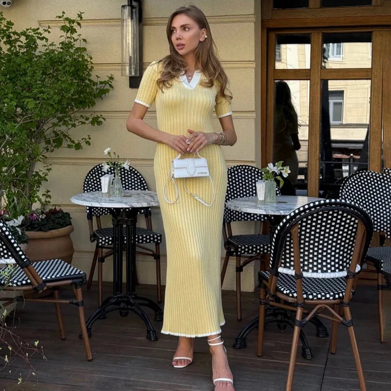 Glorol - Knitted Short Sleeve High Waist Maxi Dress