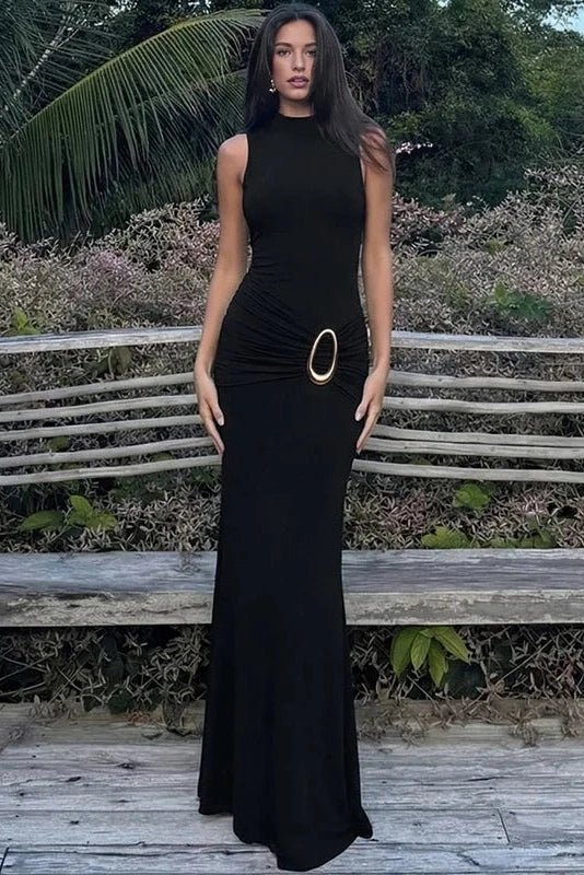 Elegant Backless Slim Sleeveless High Waist Round Neck Maxi Dress