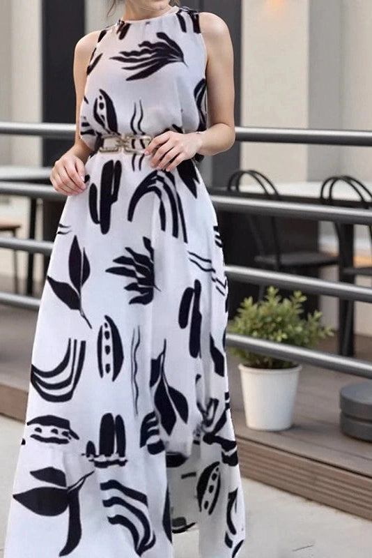 Glorol - O-Neck Sleeveless Pleated High Waist Printed Maxi Dress