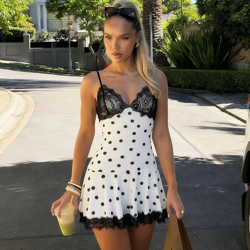 Elegant Polka Dot V-Neck Lace Patchwork Mini Dress