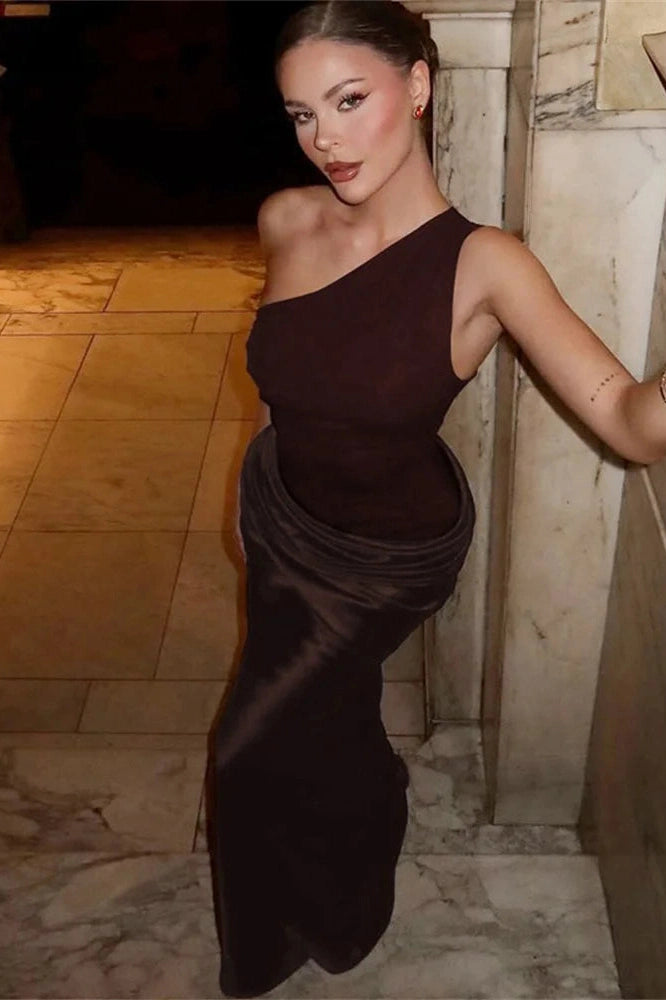 Glorol - One-Shoulder Patchwork High Waist Slim Maxi Dress