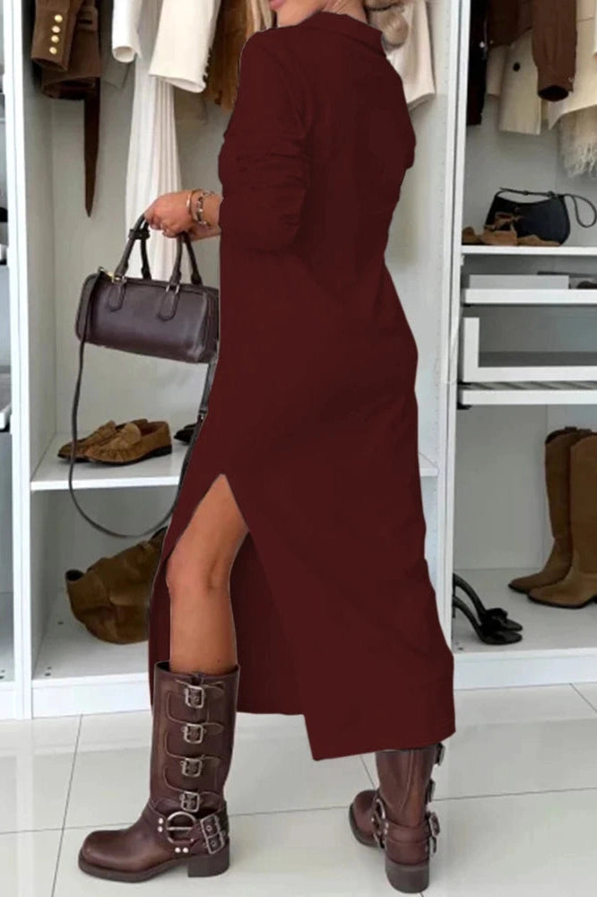 Glorol - Elegant High Waist Loose A-Line Long Sleeve Midi Dress