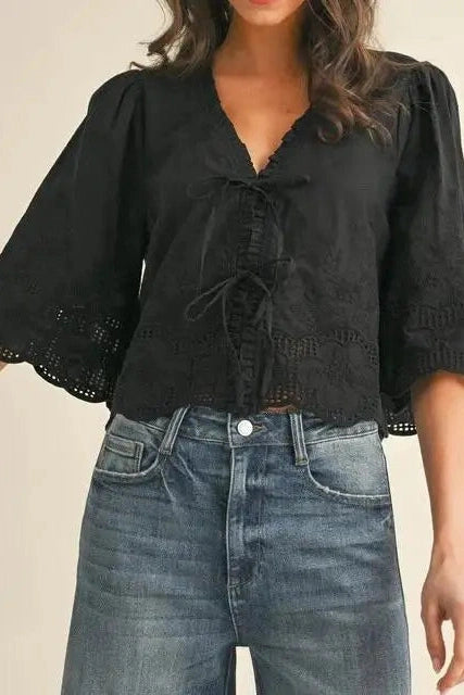 Glorol - Short Sleeve Loose Sleeve Patchwork Tie-Up Top