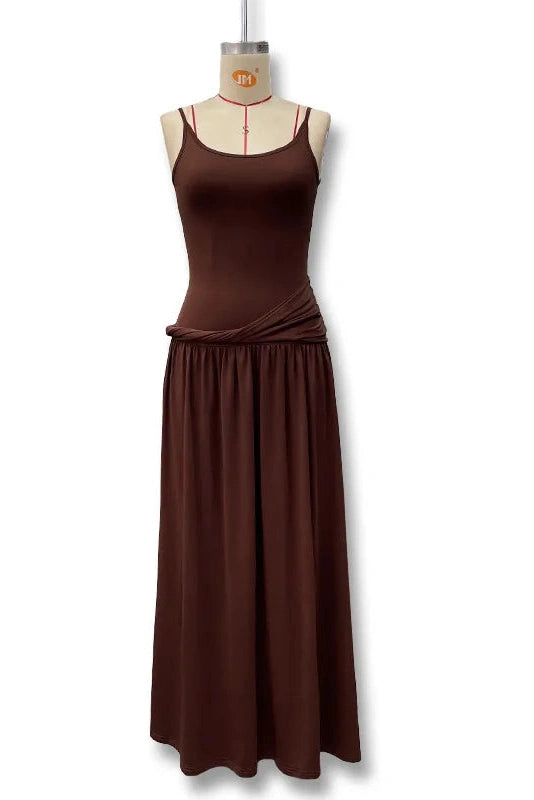 Glorol - Elegant Slim Pleated High Waist Sleeveless Maxi Dress
