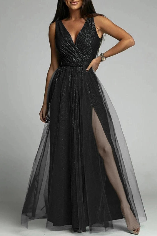 Glorol - Elegant Lace Sleeveless V Neck Maxi Dress