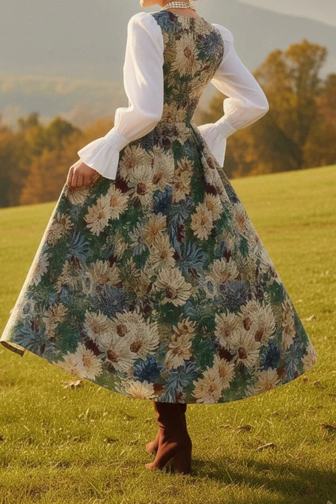 Glorol - Elegant High Waist Pleated V-Neck Printed Midi Dress