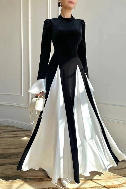 Glorol - Flared Sleeve Patchwork High Waist O Neck Maxi Dress