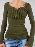 Glorol - Lace Slim V-Neck Long Sleeve Top
