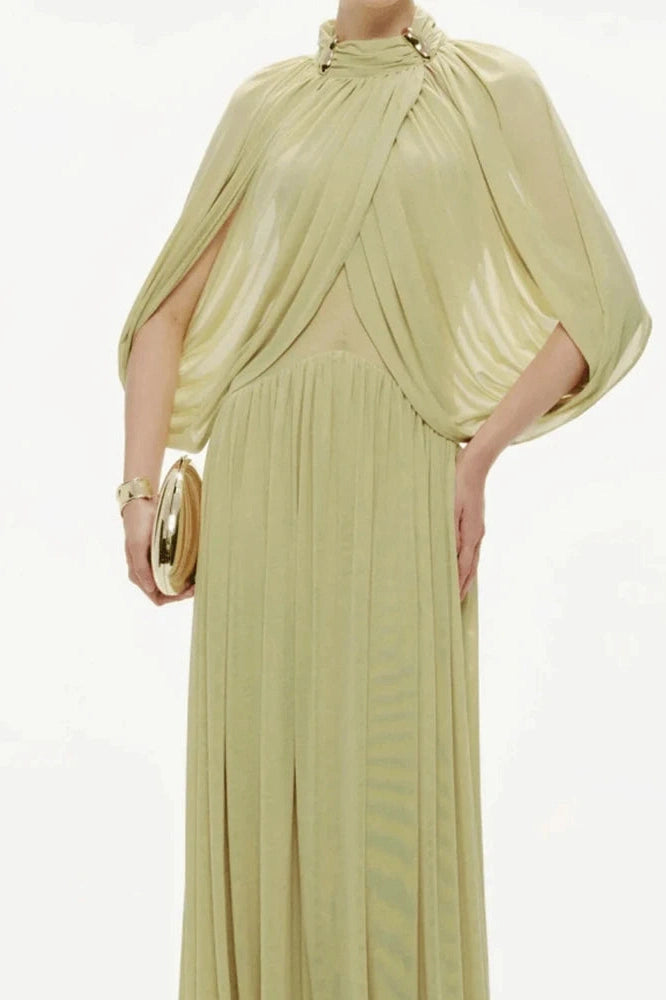 Glorol - Hollow Out Shawl Sleeve Slim High Waist Maxi Dress