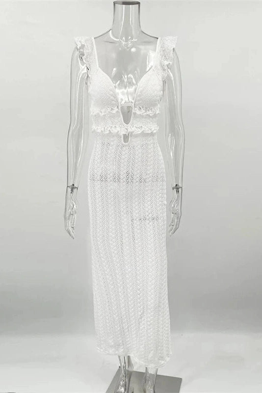 Glorol - Deep V Neck Sleeveless See Through High Waist Knitted Maxi Dress