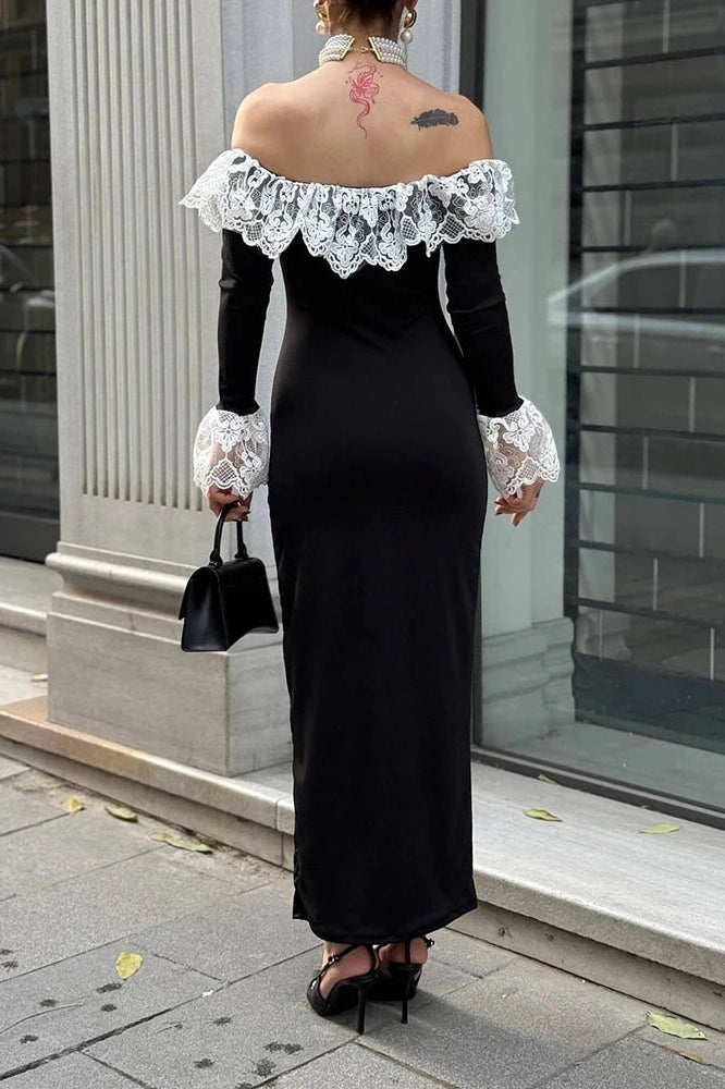 Glorol - Elegant Off-Shoulder High Waist Long Sleeve Lace Maxi Dress