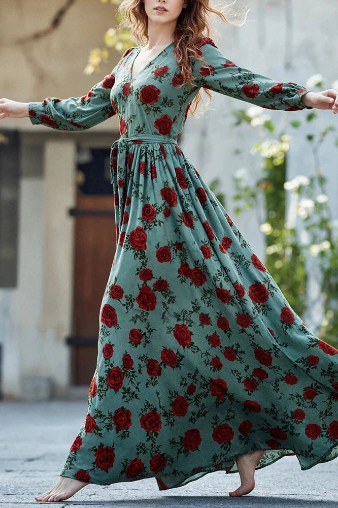 Glorol - Elegant Long Sleeve Slim Pleated V-Neck Printed Maxi Dress