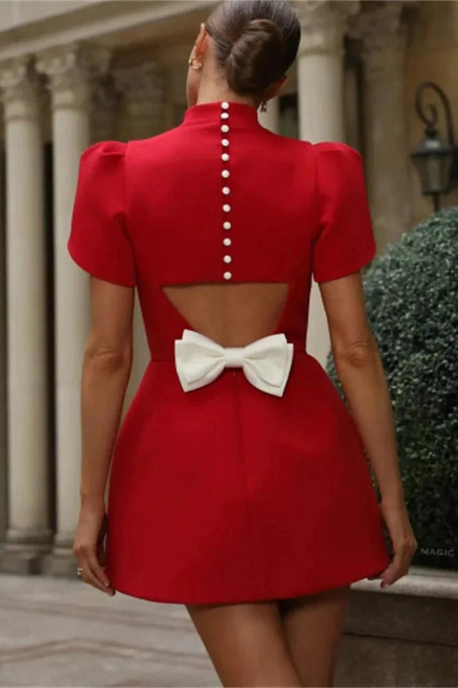Glorol - Hollow Out Backless Short Sleeve Patchwork Mini Dress