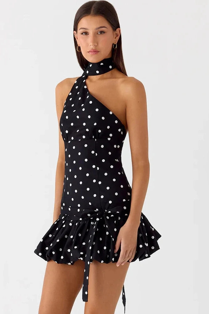 Glorol - Polka Dot Backless Off-Shoulder Sleeveless Mini Dress