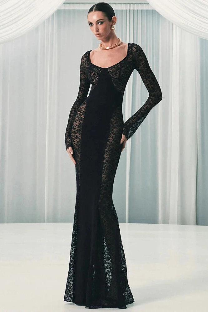 Glorol - Lace See Through Patchwork V Neck Long Sleeve Bodycon Maxi Dress