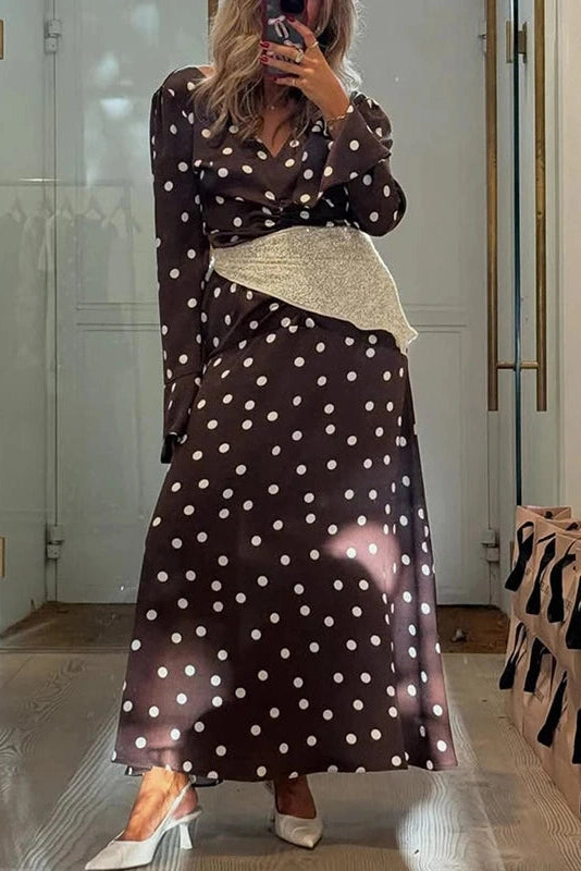 Glorol - Long Sleeve V-Neck Printed Pleated Maxi Dress