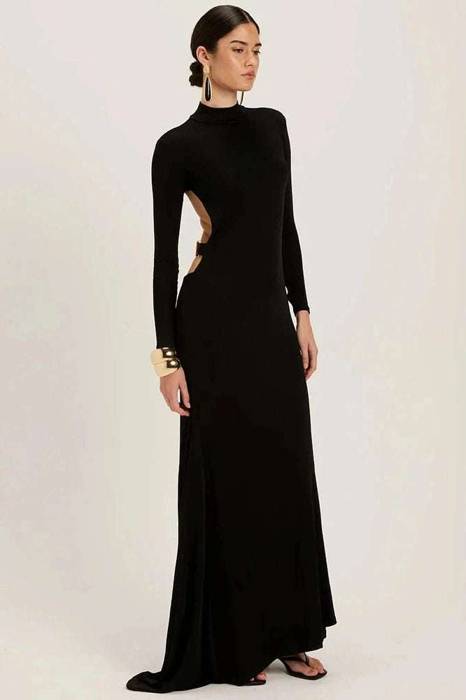 Glorol - Backless Long Sleeve High Collar Bodycon Maxi Dress