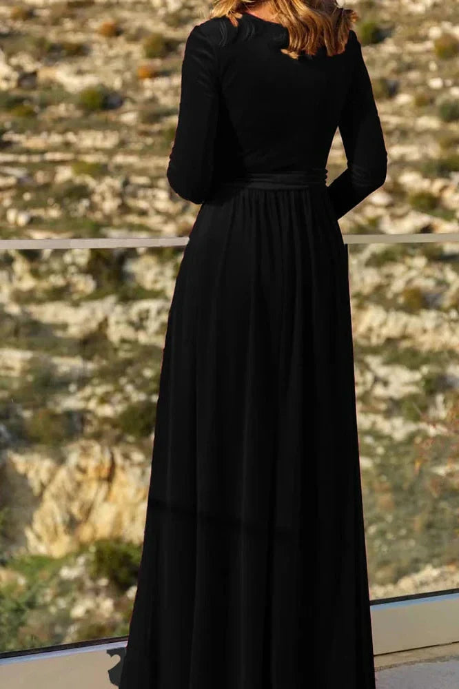 V-Neck  Pleated High Waist A-Line Maxi Dress