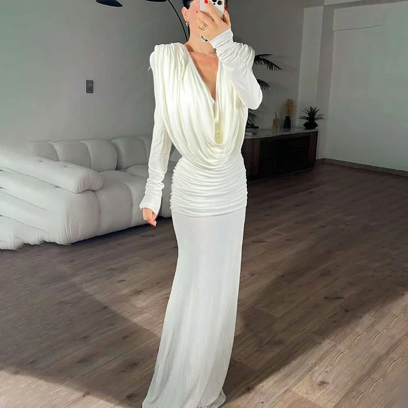 Glorol - Deep V-Neck See-Through Long Sleeve Maxi Dress