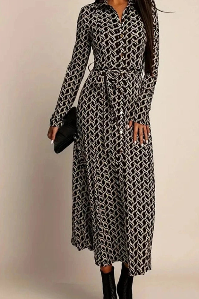 Glorol - Printed High Waist Long Sleeve Pleat Midi Dress