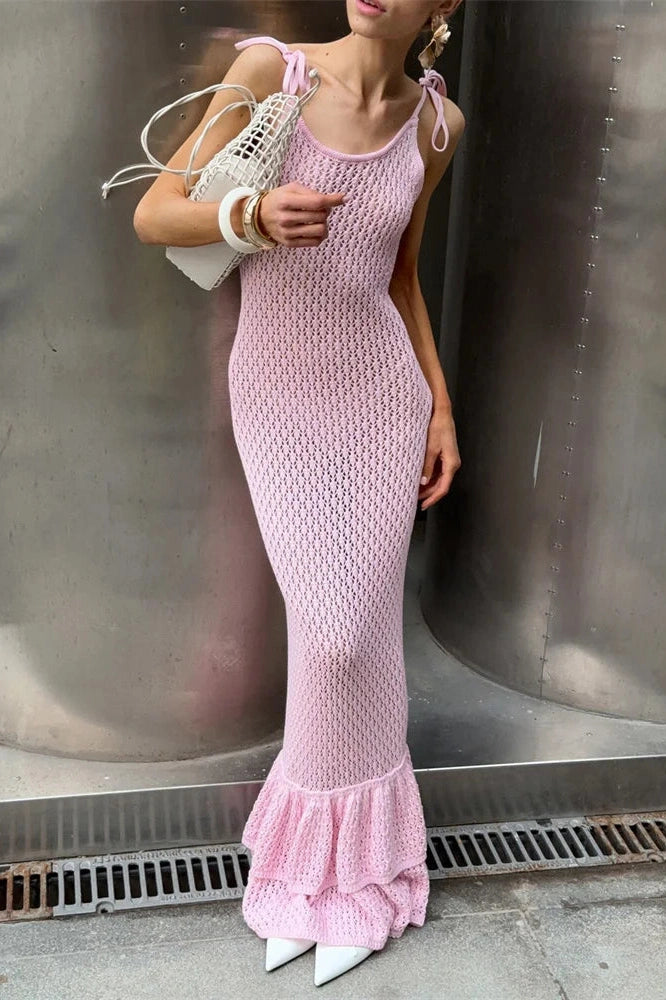 Glorol - Hollow Out Lace-Up High Waist Slim Backless Maxi Dress