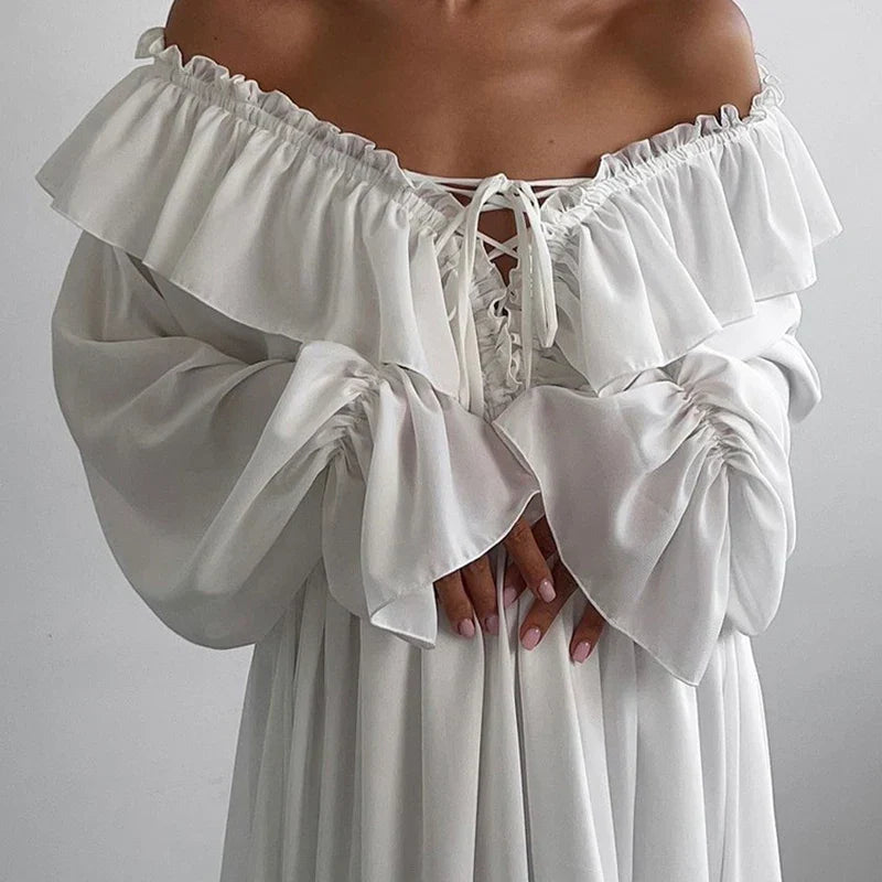 V Neck Flared Sleeves Loose A-Line Maxi Dress
