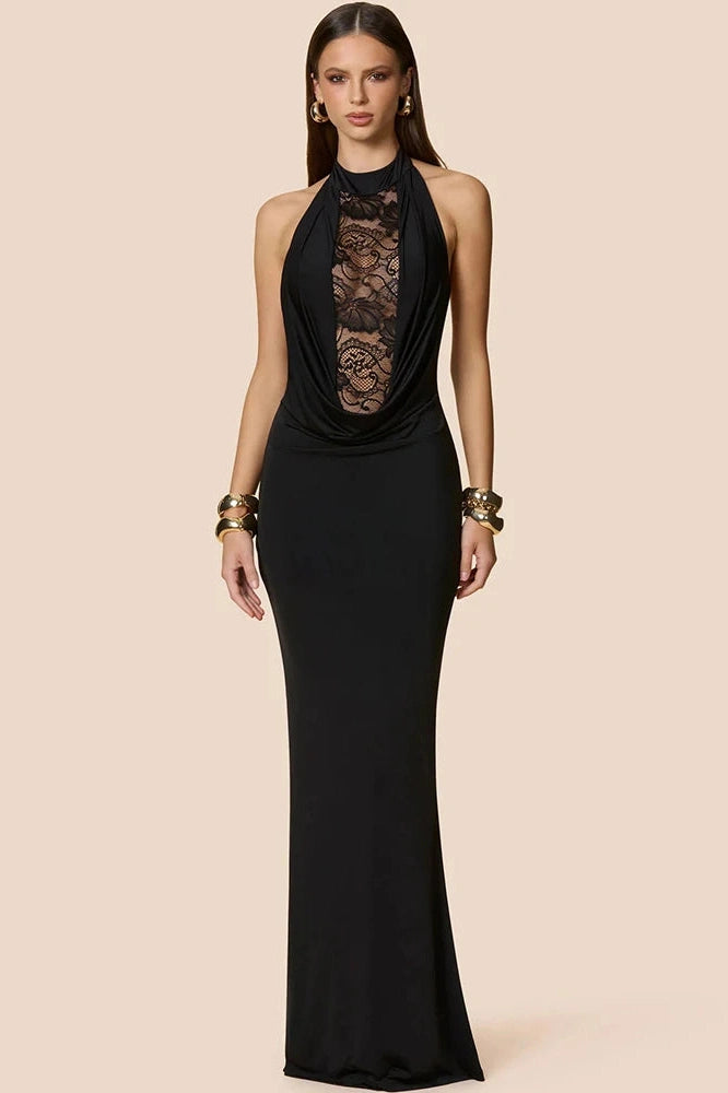 Glorol - Lace V Neck Lace Off-Shoulder Backless Bodycon Maxi Dress