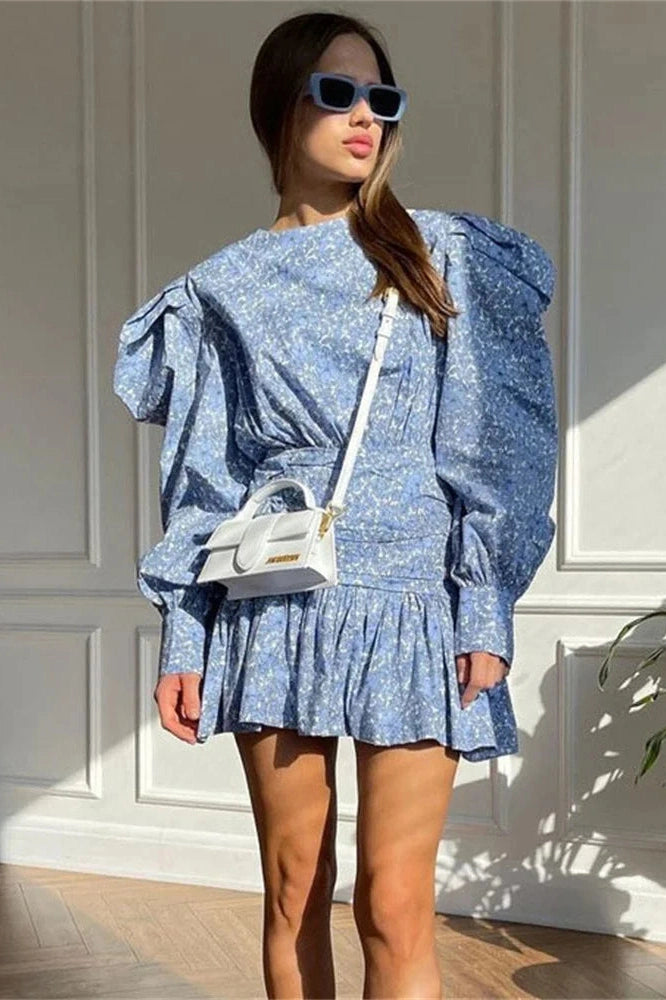 Glorol - Printed Long Sleeve Pleated Patchwork Slim Mini Dress