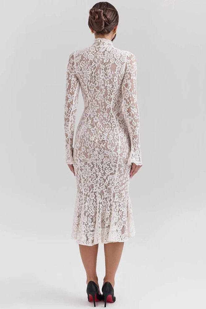 Glorol - Lace Long Sleeve High Waist Bodycon Midi Dress