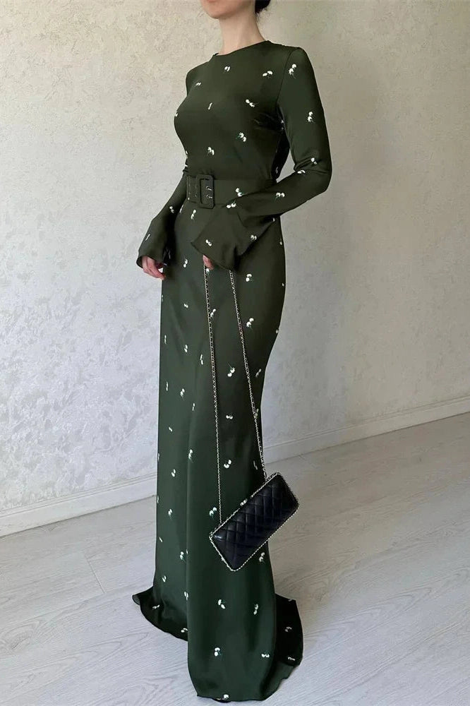 Glorol - Long Sleeve Slim Patchwork Printed High Waist Maxi Dress