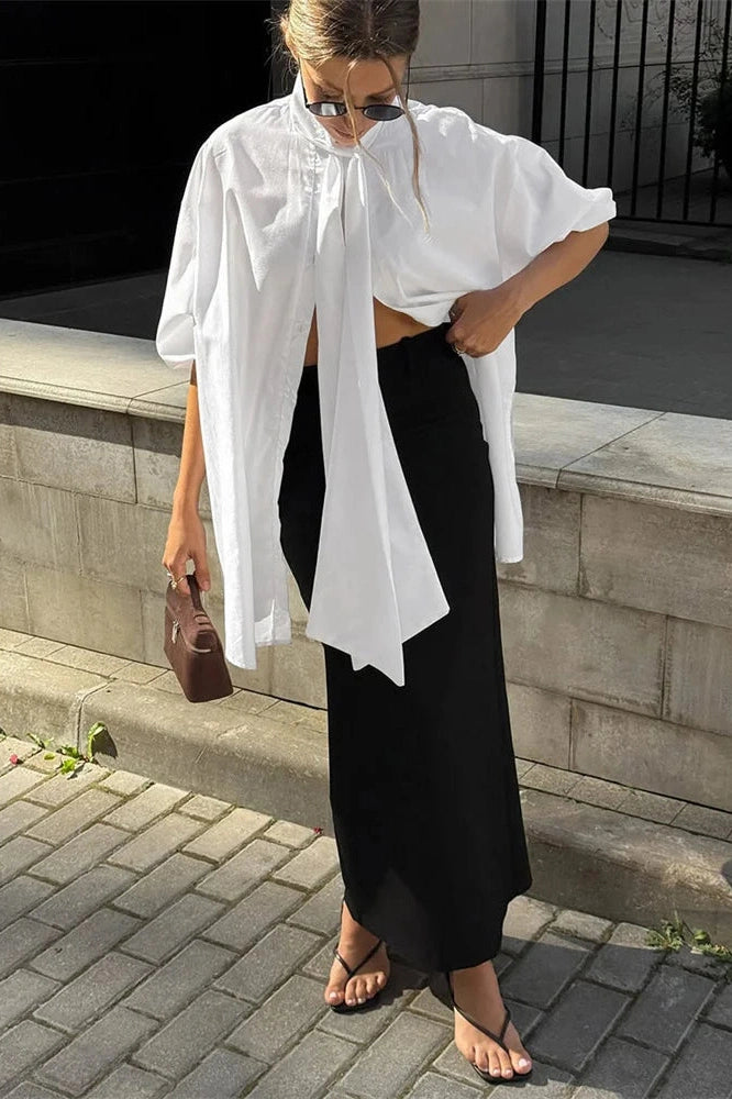 Glorol - Lace-Up Short Sleeve Loose Patchwork Top
