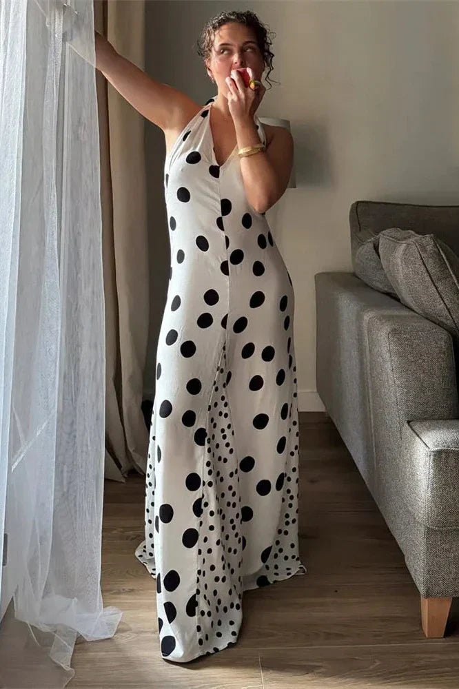 V-Neck Lace-Up Slim Backless Patchwork Maxi Dress