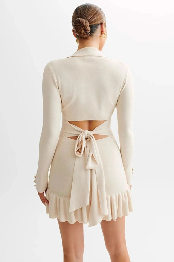 Glorol - Long Sleeve V Neck Pearl Mini Dress