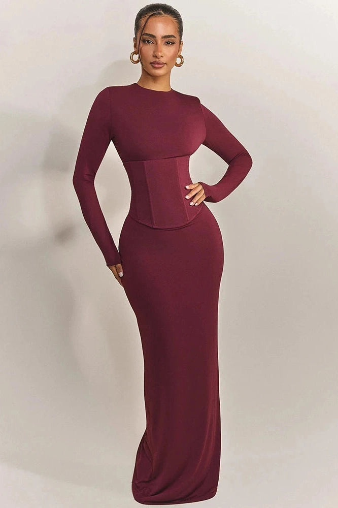 Glorol - Long Sleeve High Waist Split Zipper O Neck Bodycon Maxi Dress