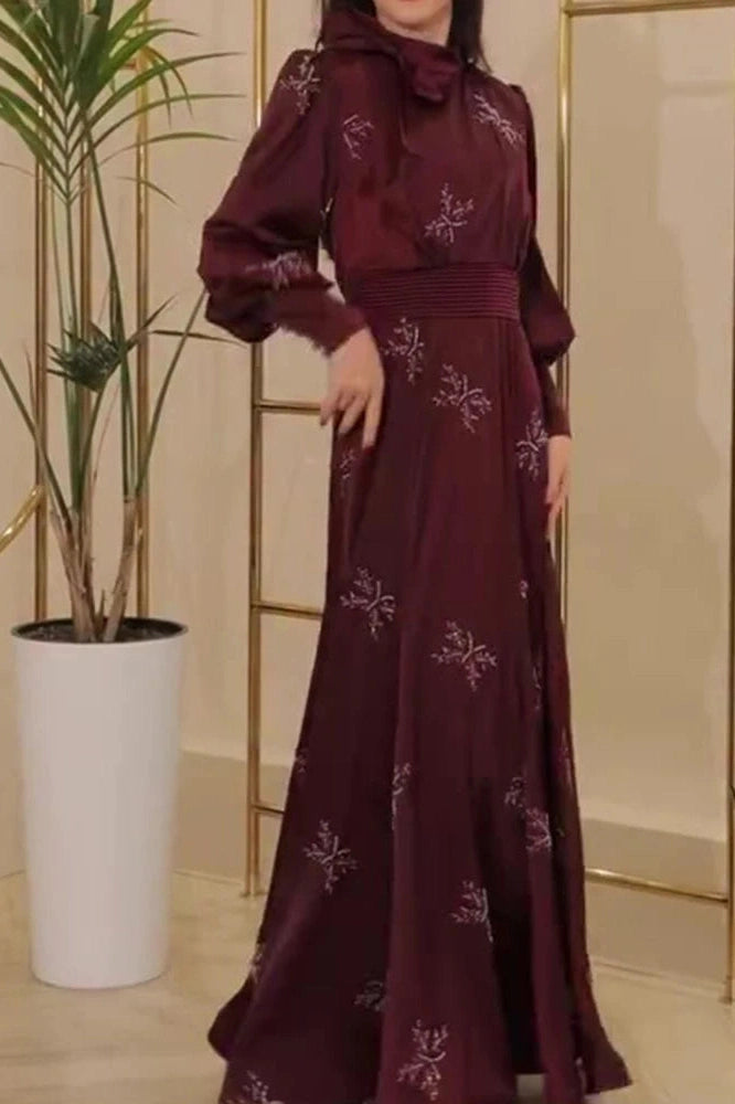 Glorol - Elegant Printed Pleated High Waist Long Sleeve Slim Maxi Dress