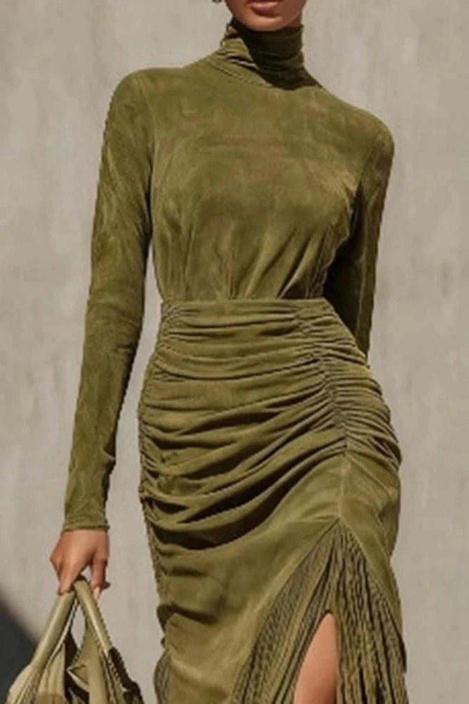 Glorol - Long Sleeve Turtleneck Fit High Waist Midi Dress