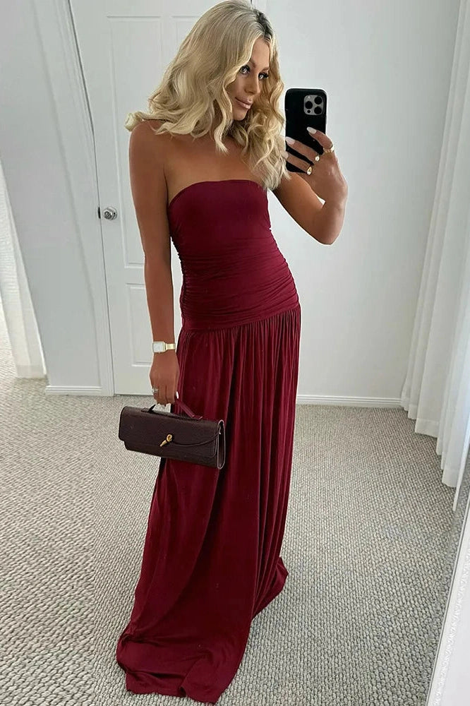 Glorol - Off-Shoulder Strapless Pleated Sleeveless High Waist Maxi Dress