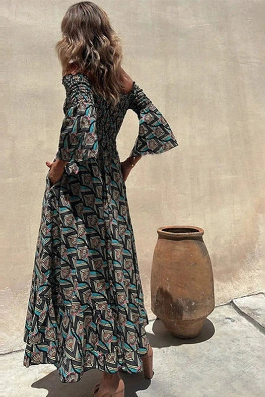 Glorol - Printed Long Sleeve High Waist Pleated Midi Dress