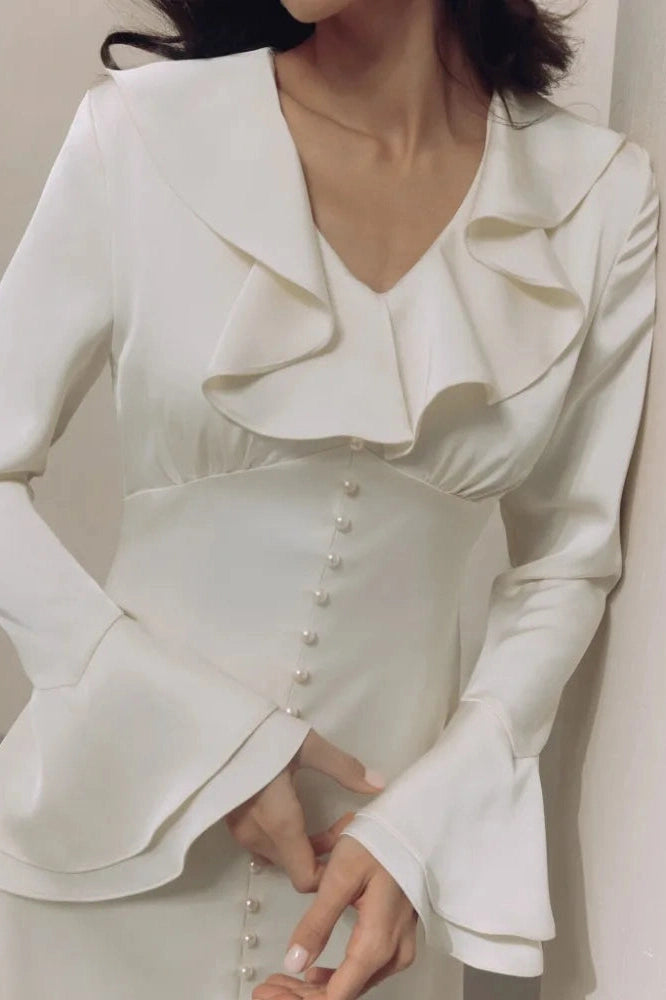 Glorol - Elegant V Neck Slim Long Sleeve High Waist Midi Dress