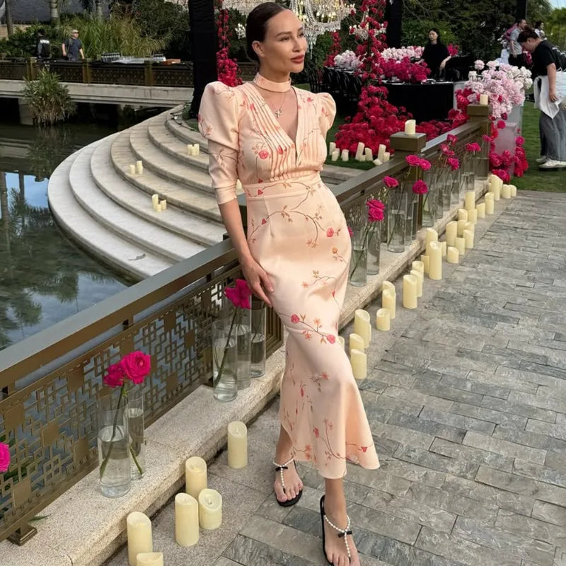 Glorol - Print Pleated V-Neck Puff Sleeve Maxi Dress