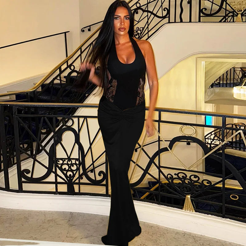 Glorol - Halter Neck Lace Patchwork Hollow Out Maxi Dress