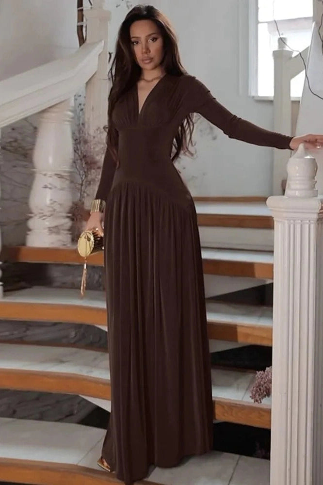 Glorol - Long Sleeve V Neck High Waist Slim Pleated Maxi Dress