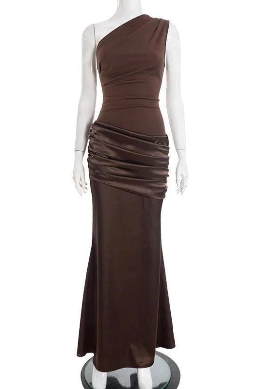 Glorol - Elegant Pleated One Shoulder Maxi Dress