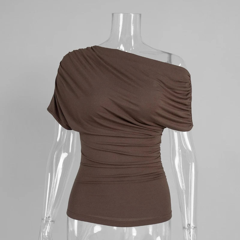 Glorol - One-Shoulder Pleated Short-Sleeve Top